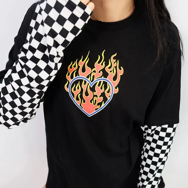 

Summer Women T Shirt Fire Heart Harajuku Gothic Funny Tee 90s Vintage Chic Ulzzang Short Sleeve Casual Streetwear Unisex Clothes