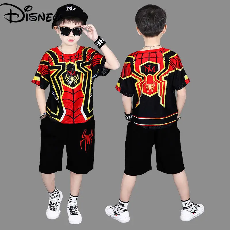 

Disney Cartoon Spiderman Sports Suit Summer Boys Cotton Stitching Printing Fashion High Street Short-sleeved Two-piece Suit
