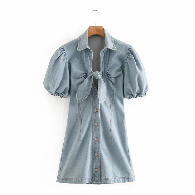 Женские джинсовые синие модные летние мини-платья с бантом женские короткие