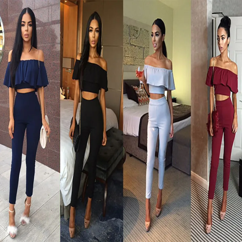 

Fashion Two Piece Women Sets Sexy Slash Neck Crop Ruffle Tops And Long Pants Set Autumn Short Sleeve Two Pieces Feminino