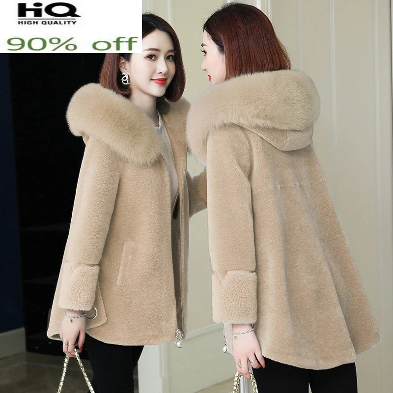 100% Real Sheep Shearling Coat Women Winter 2022 Hooded Natural Wool Collar Jackets Female Fur Coats Manteau Femme Gxy216