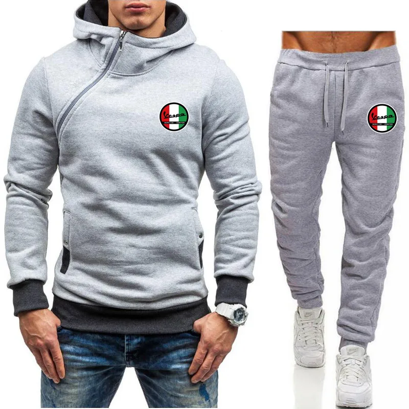 

2021 Spring Autumn New Men's VESPA Logo Printed Zipper Hoodie + Pants Two-Piece Fashion Personality Casual Slim Sports Suit