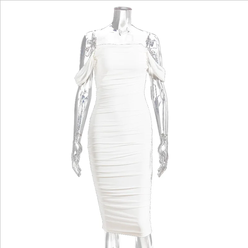 

Off Shoulder Sexy Backless Mesh Ruched Dress Women White Elegant Party Club Strapless Bodycon Pleated Dresses Summer Vestidos