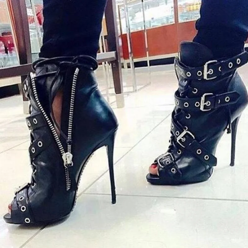 

Sexy Black Leather Zipper Ankle Boots Peep Toe Buckle Strap High Heel Short Bootie Cut-out Gladiator Heels Dress Shoes Big Size