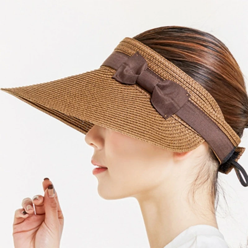

K3NF Women Wide Brim Visor Outdoor UV Protection Summer Beach Big Bow Straw Sun Hat