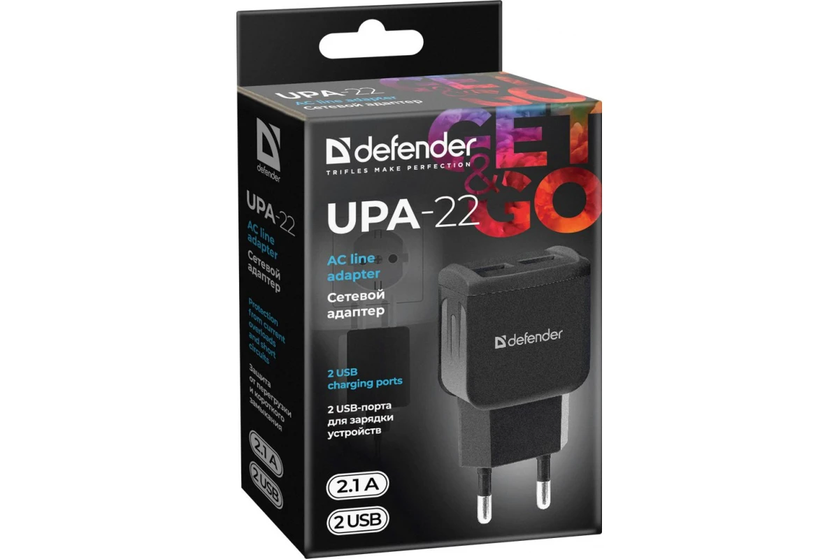 Сетевой адаптер Defender UPA-22 черный 2xUSB 2.1А |