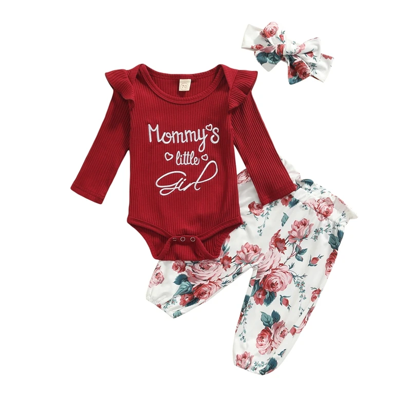 

0-24M Autumn Baby Girls 3pcs Clothes Sets Letter Long Sleeve Knit Romper Floral Printed Pants Headband For Newborns