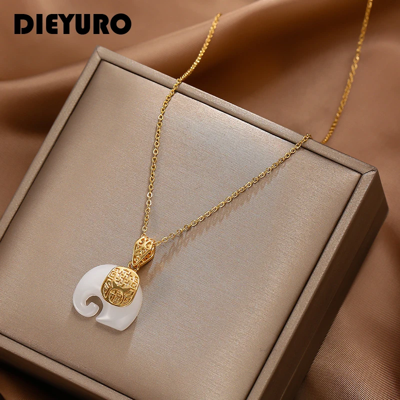 DIEYURO 316L Stainless Steel Jade Elephant High Quality Pendant Necklace Woman Fashion Elegant Jewelry Accessories Gift For Mom