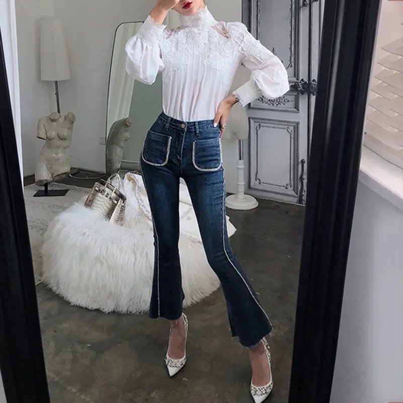 Женская кружевная рубашка CHICEVER повседневная однотонная приталенная размера