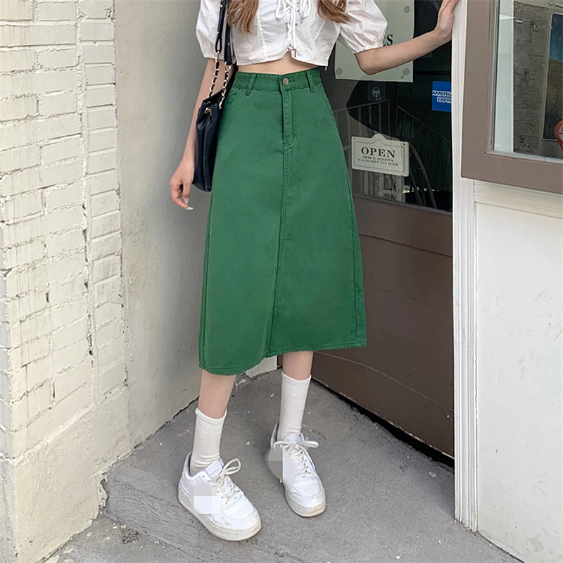 

Harajuku Green Long Denim Skirts Womens Vintage 2021 Summer High Waist Back Split Jeans Skirts Plus Size Skirt jupe femme