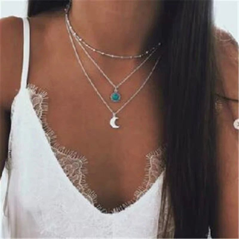 

Songshi Moon Three Layer New Necklace With Multi Retro Inlaid Gems