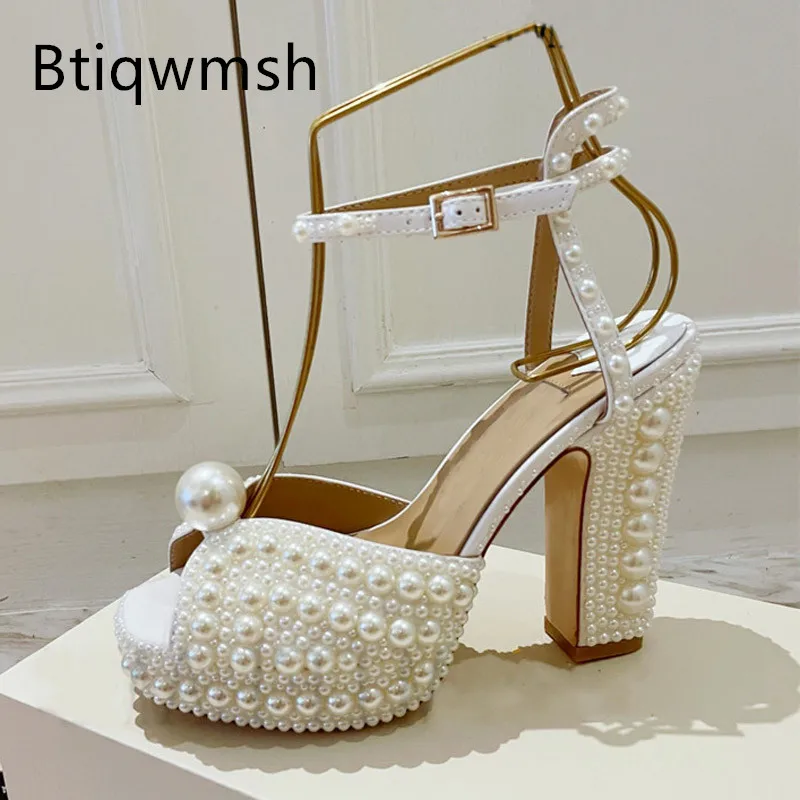 2021 Pearl Platform Sandals Women Open Toe Rhinestone Diamond Square High Heels Shoes Woman Sexy Wedding Shoes