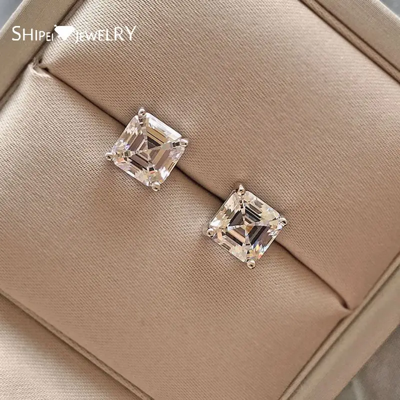 

Shipei 100% 925 Sterling Silver Asscher Cut Created Moissanite Gemstone Engagement Classic Ear Studs Earrings Fine Jewelry