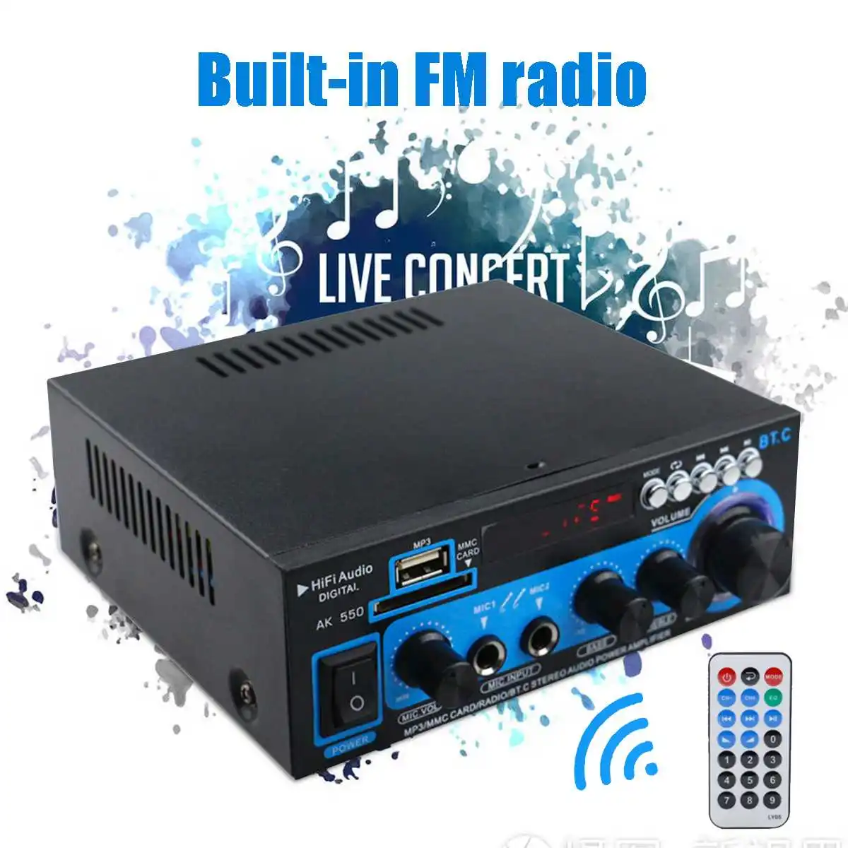 Мини усилитель мощности 800 Вт 2 канала светодиодный Hi Fi bluetooth FM AUX USB SD микрофона