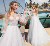 2021 scoop long sleeves pearls beaded a line wedding dresses illusion neck bridal gowns robe de mariee pleated luxurious