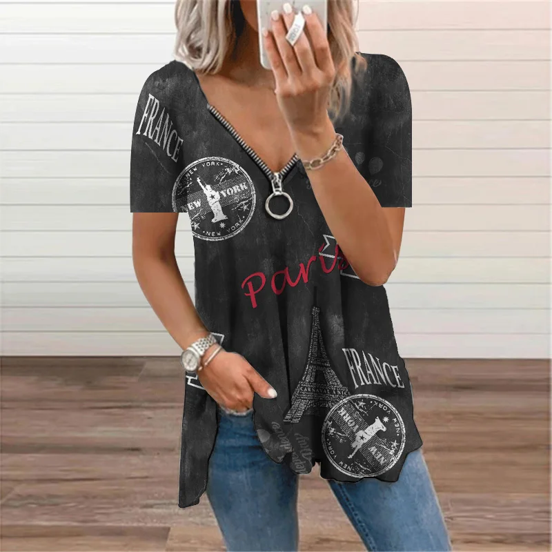 Women's Clothing Summer Fashion Vintage Letter Graphic Printed V-Neck Zipper Casual T-shirt Short Sleeve Loose Tunic Ladies Tops