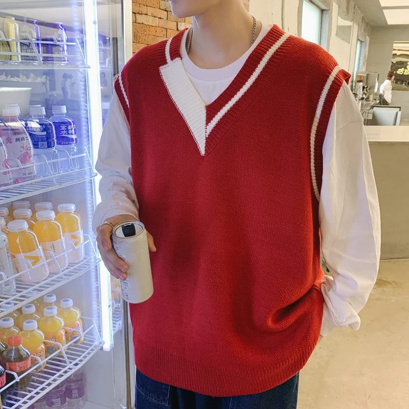 

Sweaters Vest Male Sweter Clothes Sweater Vest Men's Fashion Hit Color Casual V-Neck Knitted Pullover Men Wild Loose Knitting