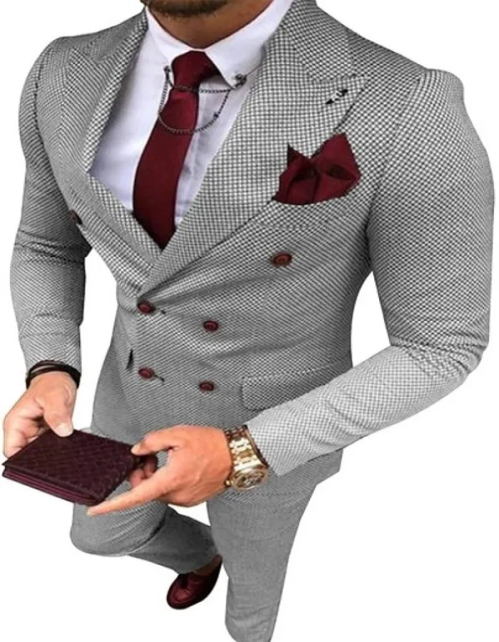 

Men's Business Suits 2 Pieces Notch Lapel Plaid Wool Double Breasted Slim Fit Prom Tuxedos For Wedding Clothing Blazer+Pants