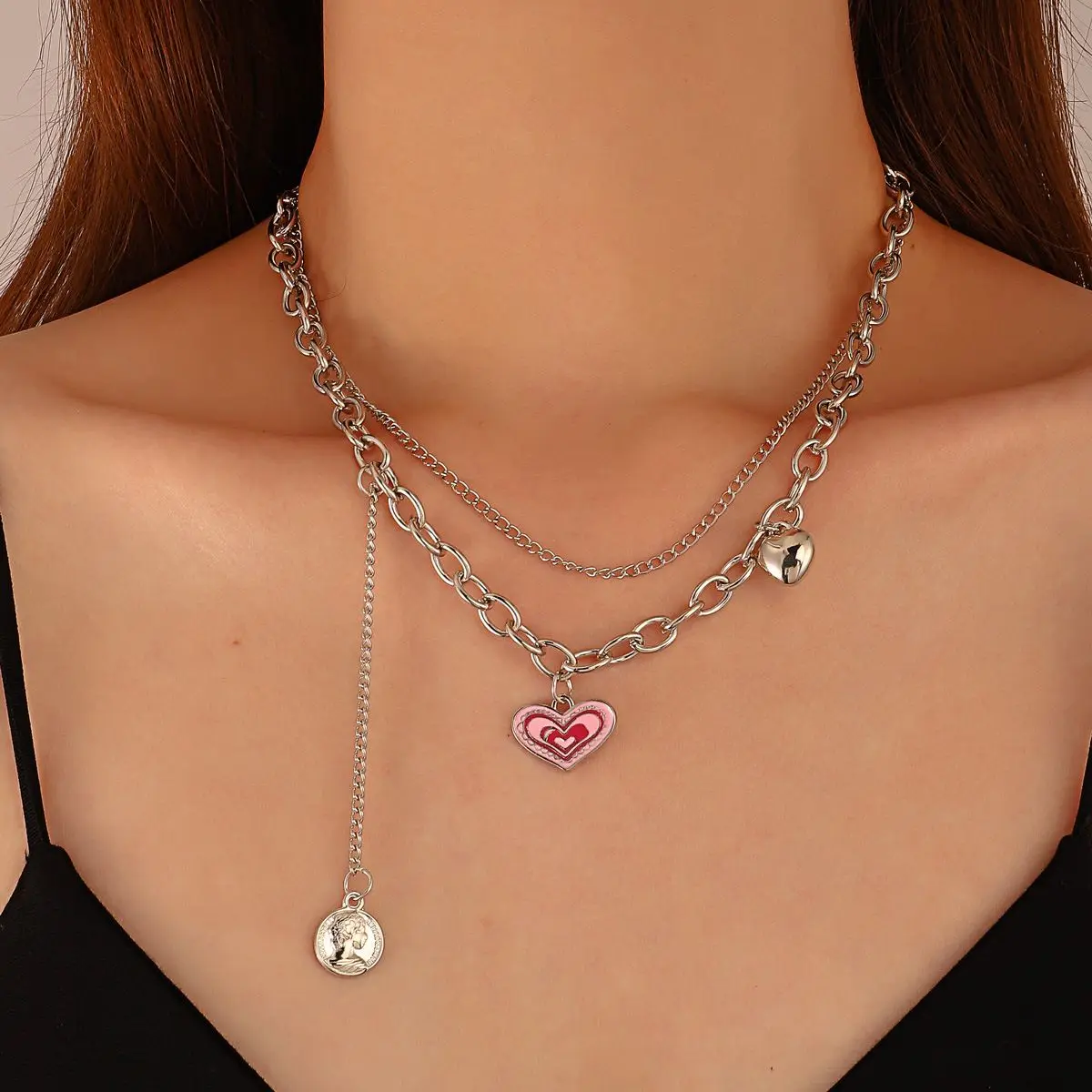 

Kpop Sweet Red Heart Coin Choker Necklace for Women Punk Chain Multilayer Hip Hop Harajuku Y2K Jewelry
