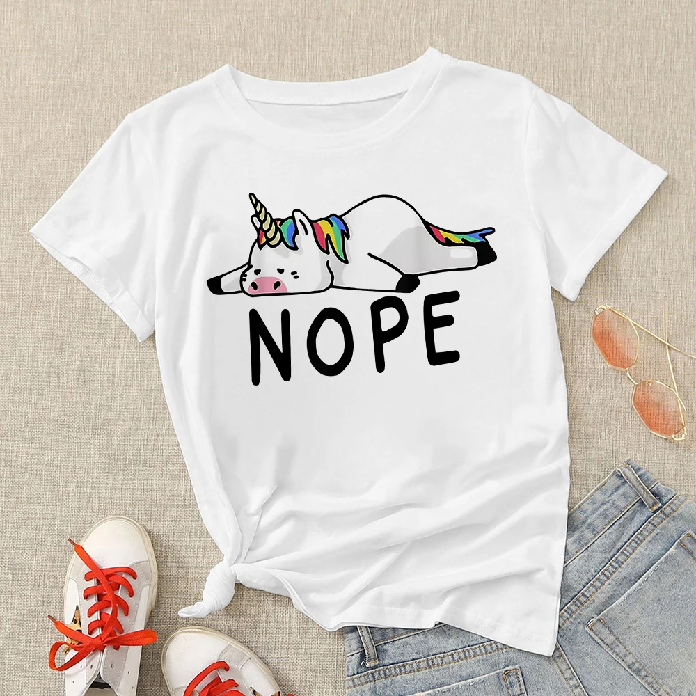 

Kawaii Brand Women T Shirts Colorful Unicorn Printed Girls Can Do Anything Shirts NOPE Short Sleeve New Arrivals White Tops