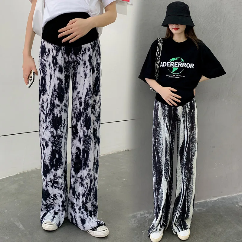 

860# Summer Fashion Chiffon Maternity Full Long Pants Wide Leg Loose Elastic Waist Belly Straight Clothes for Pregnant Women