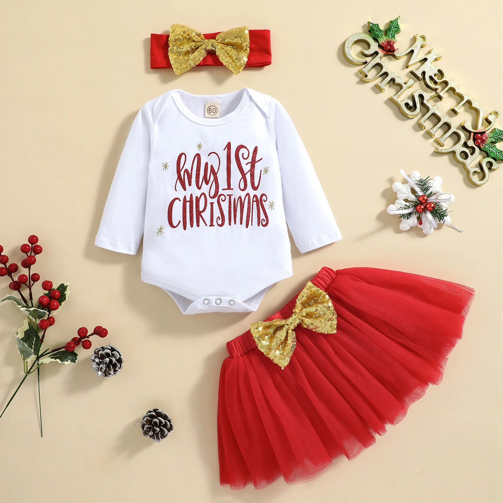 

4 шт. рождественские наряды для маленьких девочек, комбинезон с длинными рукавами и оленями + юбка-пачка + грелка для ног + повязка на голову, к...