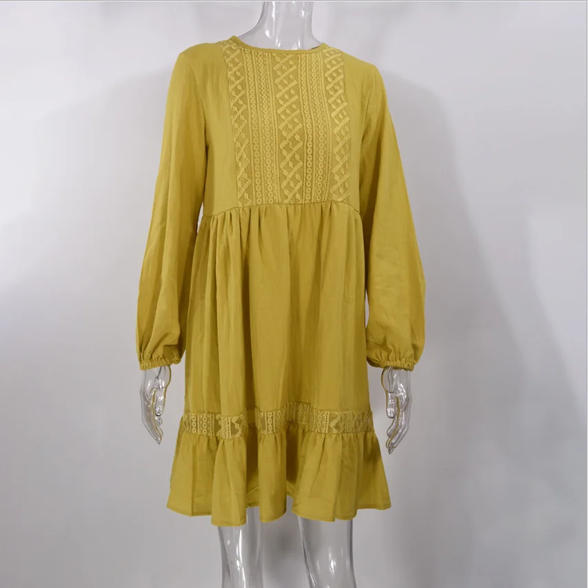 

Woman Pleated Dress Spring and Autumn Casual Lace Stitching Yellow Long Sleeve Loose Vintage Dresses For Women Clothes Ladies