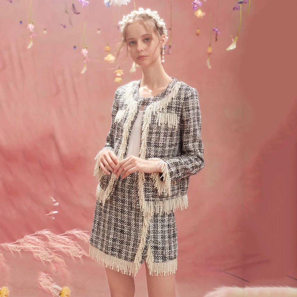 Ailigou новинка 2020 Женский твидовый комплект из 2 предметов сексуальная куртка с