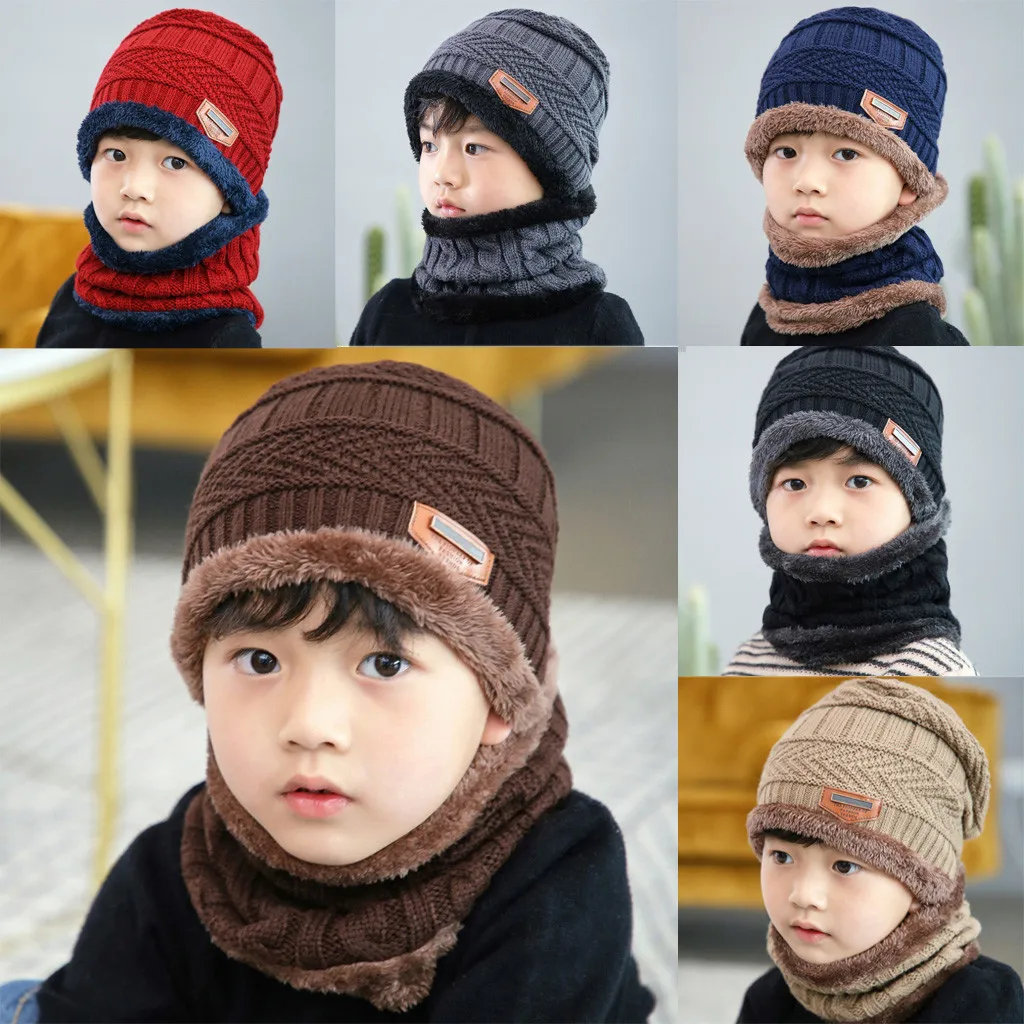 2 Pcs Set Baby's Hat Banie Toddler Infant Fleece Contrast Colors Knitted Warm Winter Hats For Kid Hat+Scarf Two Piece #66 | Детская
