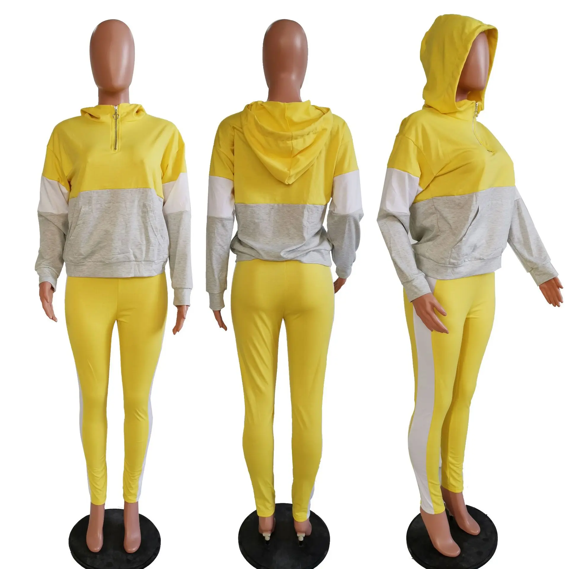 

2019 2 Piece Sets Zipper Hoodies Hit Color Patchwork Casual Two Piece Suits Women Top+Pants Club Slim Sexy Plus Size Outfits