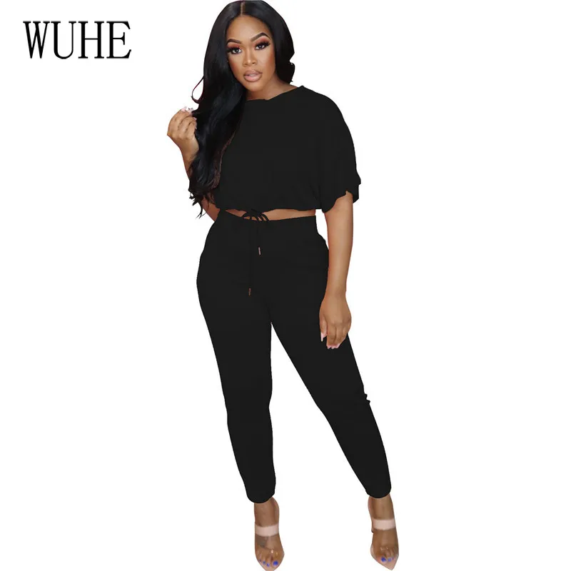 

WUHE Casual Tracksuits Two Piece Suits Short Batwing Sleeve O Neck Lace Up Crop Top Long Pants Sports Fitness Streetwear Outfits