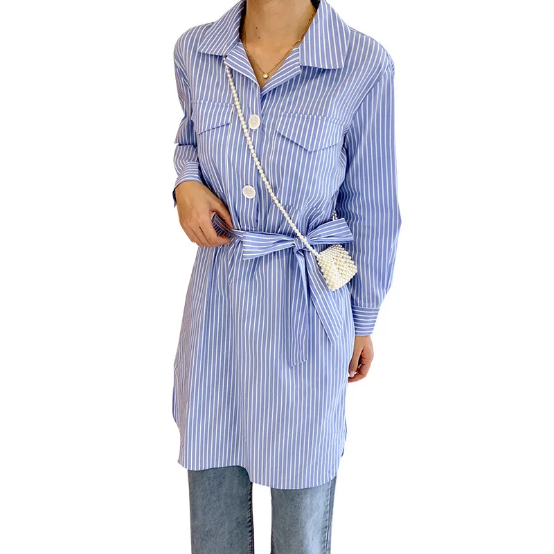 [EWQ] Весна-Осень 2020 новая полосатая рубашка с отложным воротником и длинным