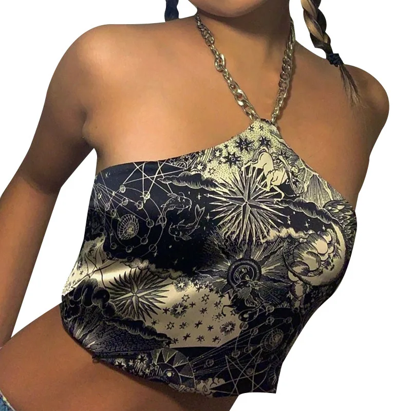 

Women Summer Sexy Skinny Halter Camis Tank Female Mythical Pattern Printing Backless Streetwear Vest Club & Party Fashion Tops