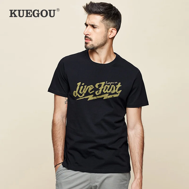 

Мужская футболка с коротким рукавом Kuegou, черная хлопковая футболка с коротким рукавом, с принтом в виде букв, лето 100%