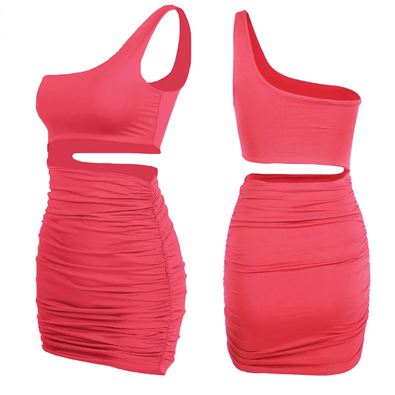 

Sexy Hollow Out Bodycon Dress Women One Shoulder High Waist Stacked Mini Sundress Women's Clothing Backless Clubwear Outfits Red