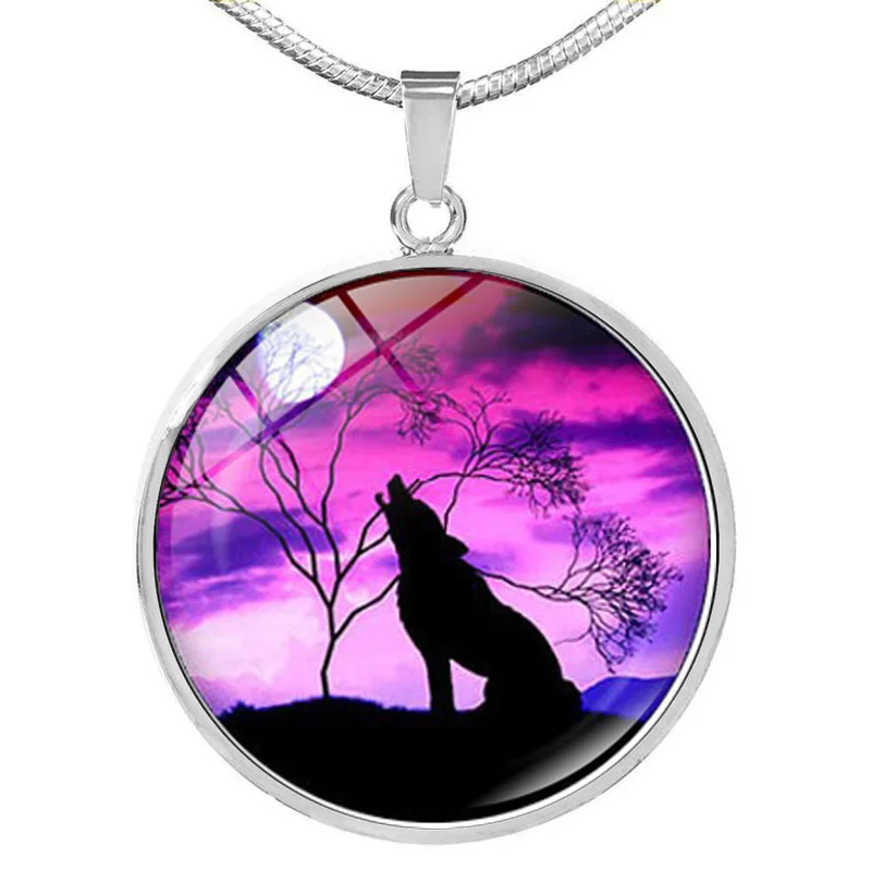 Ожерелье с изображением волка и Луны стеклянный кабошон кулон из нержавеющей