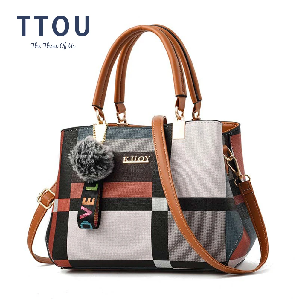 

TTOU 2020 New Luxury Handbag Women Stitching Hairball Messenger Bags Designer Brand Plaid Shoulder Bag Female Ladies Totes