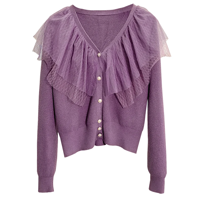 

V-neck sweater female temperament of new fund of 2020 autumn gauze long sleeve outside the base coat of cardigan sweater