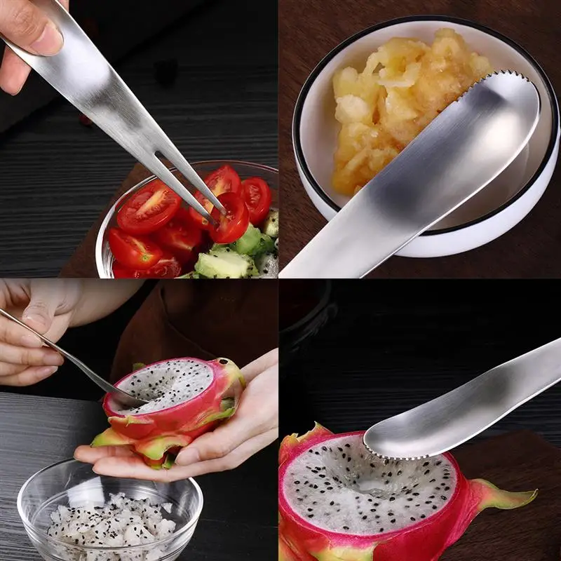 

4PCS Fruit Spoon Ice Cream Spoon Stainless Steel 2-Head Creative Fruit Fork Fruit Scraping Spoon Ice Cream Tools