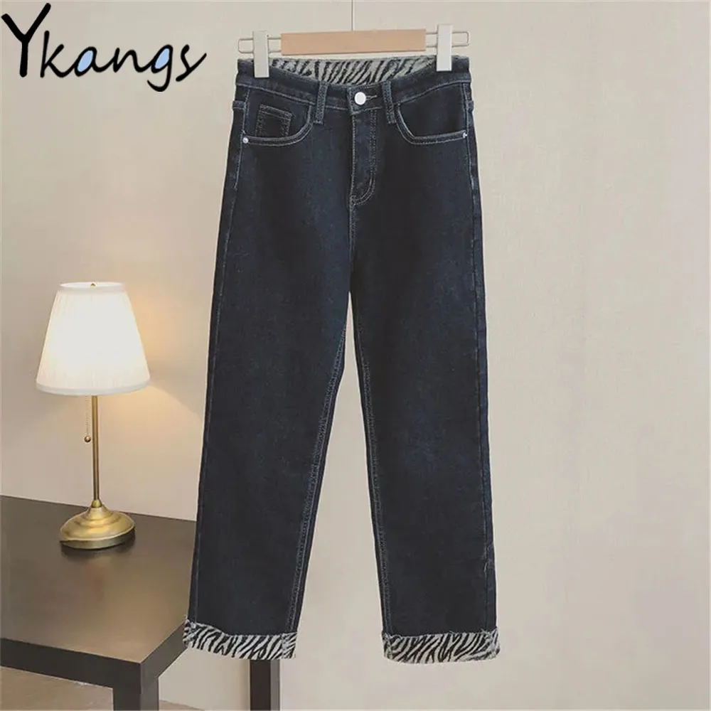 

Zebra Print Fleece Stitching Pencil Jeans Oversized 5xl Korean Slim Skinny Women Denim Pants Dark Blue Streetwear Warm Trousers