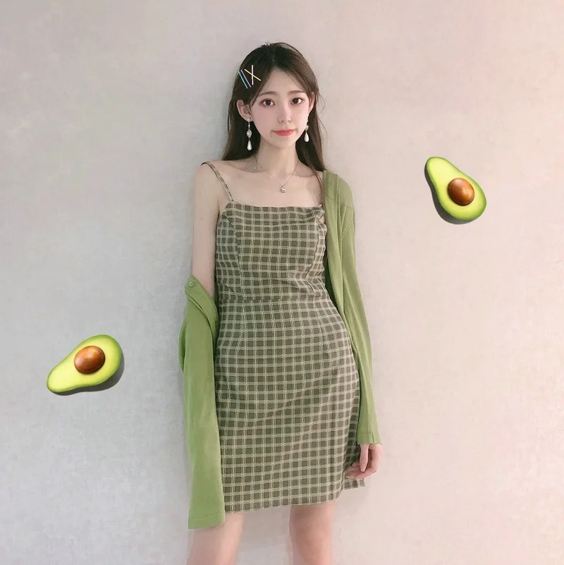 

Green Slim Plaid Dress Sleeveless Backless Women Cottagecore Dress Summer Sweet Cute Square Collar Spaghetti Strp Slip Dresses