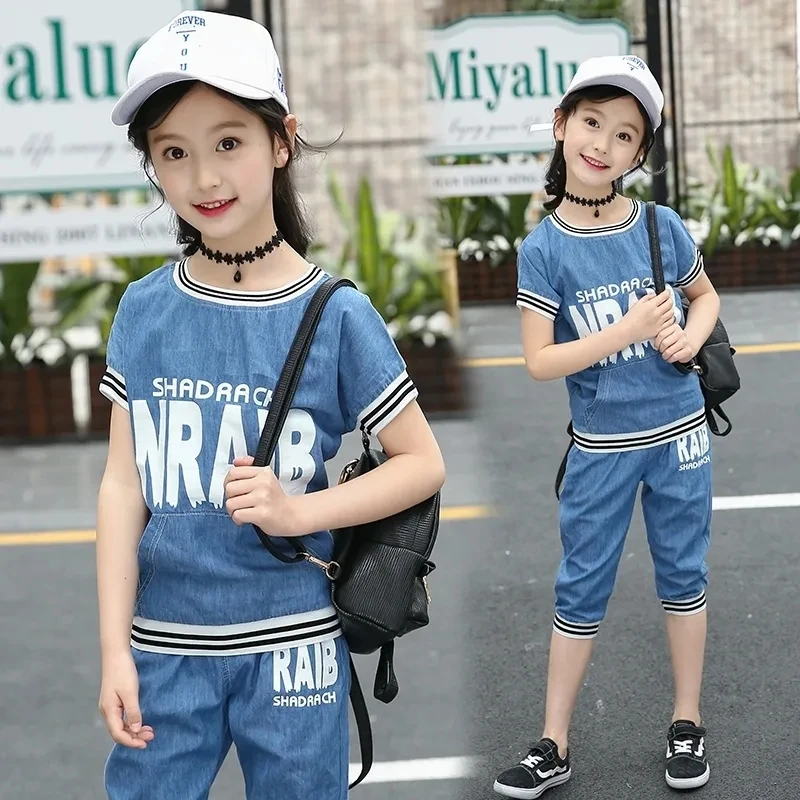 

Children Clothing Sets Summer Girls Sports Suit Cotton Print Short Sleeve T Shirt & Pants 2Pcs Girls Clothes 6 8 9 10 12 Years