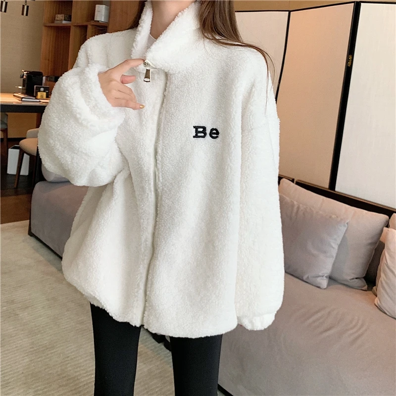 

Lambskin collar top sweater women's fashion autumn winter versatile letter embroidery loose cardigan coat
