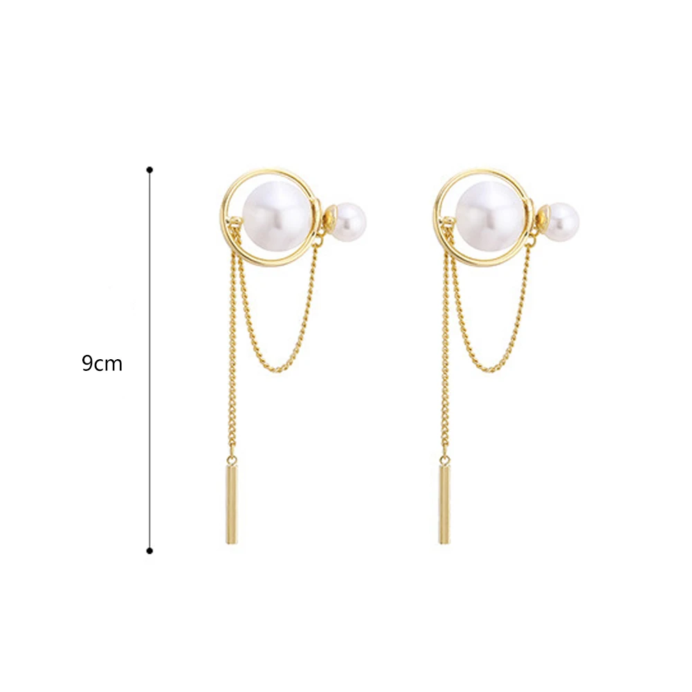 

HUANZHI Golden Earrings Round Pearl Pendant Drop Dangle Double Sided Earrings Sweet Long Tassel Statement Jewelry For Women