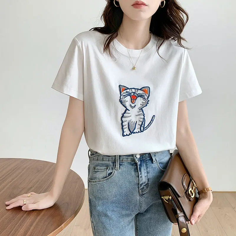 

Summer Tops Women T-shirt Short Sleeve Casual White T Shirt Female Clothes Kawaii Cat Embroidery Tee Shirt Korean Fahsion 2021