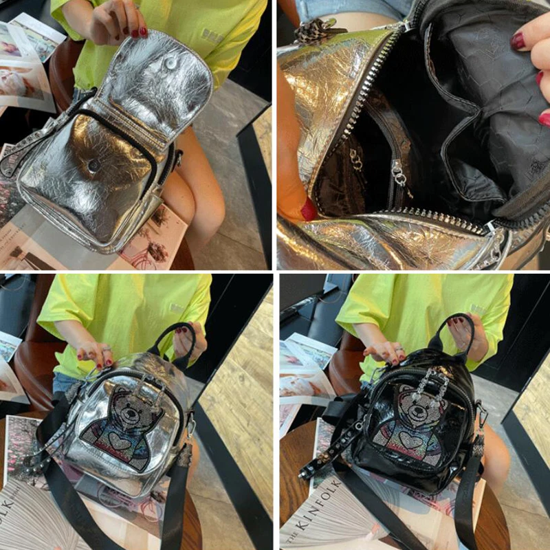 

Cartoon Bear Women Backpack Ladies Shoulder Rucksack Female Rhinestone Rivet Black Silver Mini Sac A Dos Designer Mochila