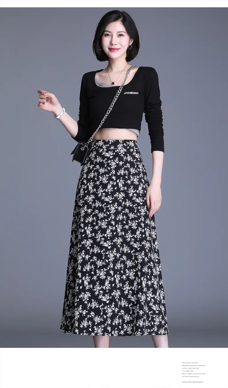 

2021 Summer Elastic High Waist Plus Size Floral Long Skirt Women Vintage Elegant Loose Casual Korean A-line Print Skirts