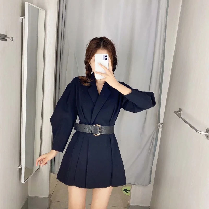 

Fashion Za Women'sJumpsuit 2020 Autumn Retro Black Lapel Long Sleeve High Waist With Belt Short Jumpsuit Women Casual Women's