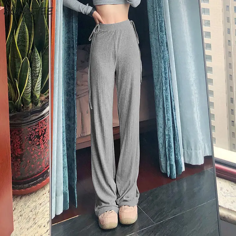 

Casual Flare Pants Women Solid Skinny Drawstring Leisure Korean Style High Waist Simple All-match Female Trouser Vintage Cozy