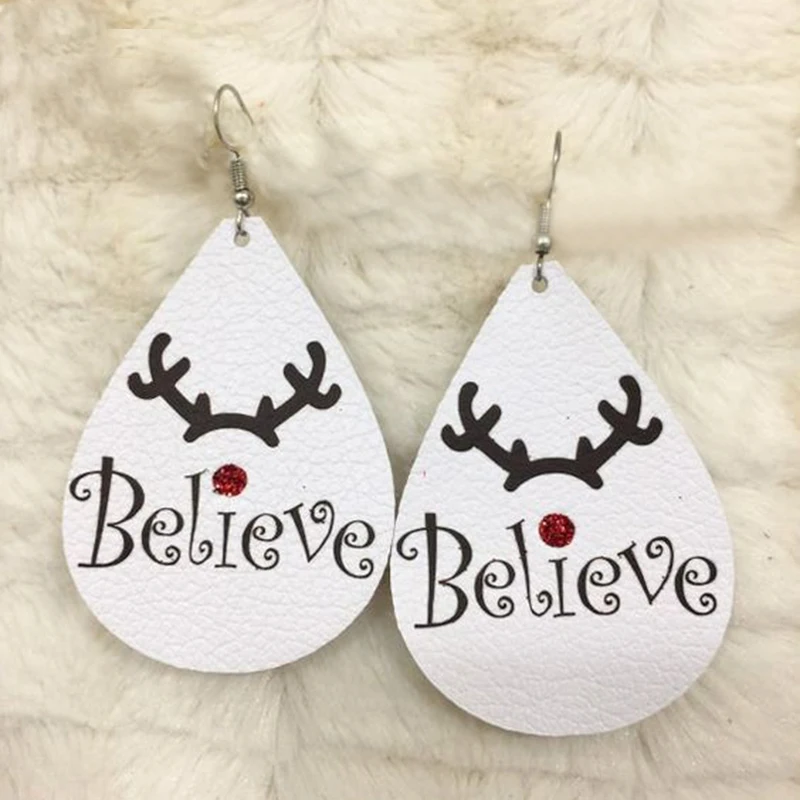 

New Custom Believe Love Faux Leather Teardrop Earrings Glitter Fashion Water Drop Lovers Earrings Gifts For Valentine's Day